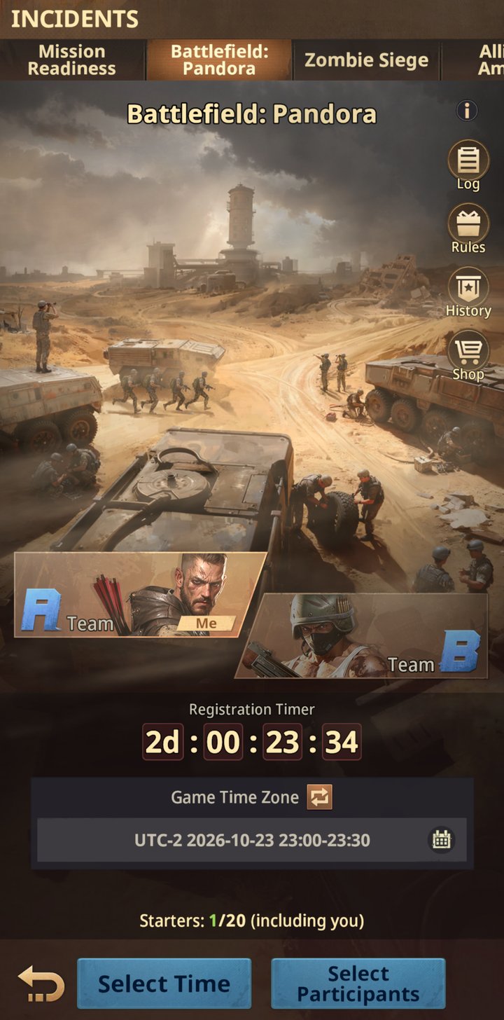 The Battlefield: Pandora registration screen in the Incidents tab, showing Team A and Team B, a registration timer, the Game Time Zone battle slot, the Starters count out of 20, and Select Time and Select Participants buttons.
