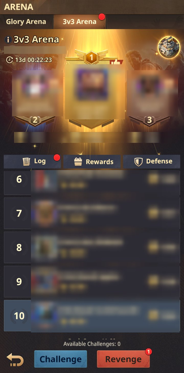 The 3v3 Arena tab next to Glory Arena, showing a season countdown, a top-three podium, the ranking list, Log, Rewards, and Defense buttons, and Challenge and Revenge buttons. Player names, avatars, servers, and scores are blurred.