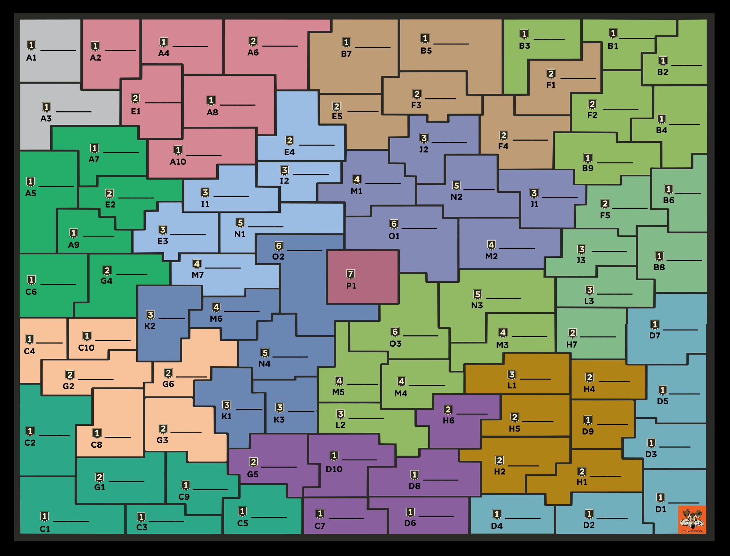 World map divided into lettered zone codes (A1 through P1), each with a numbered level badge and a blank line beside it